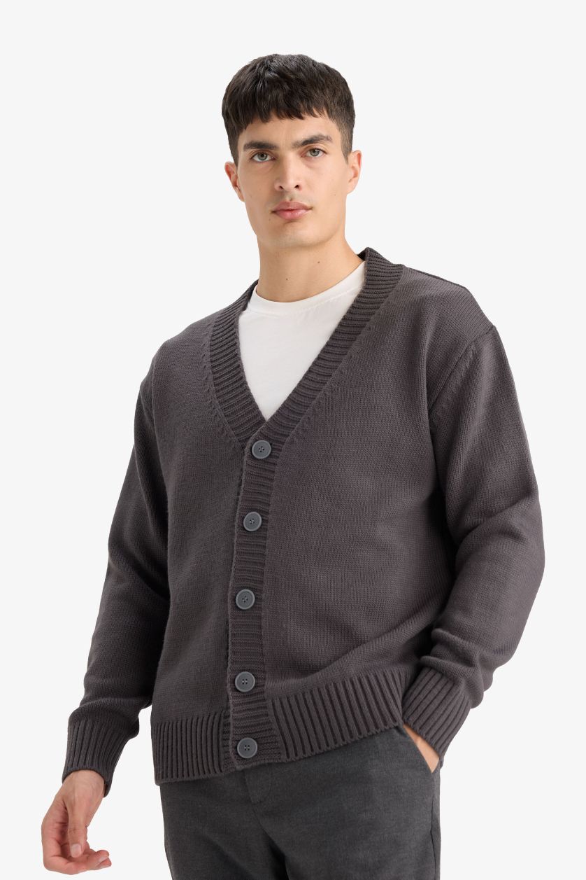 MAN Grey Relax Fit V-Neck Knit Cardigan