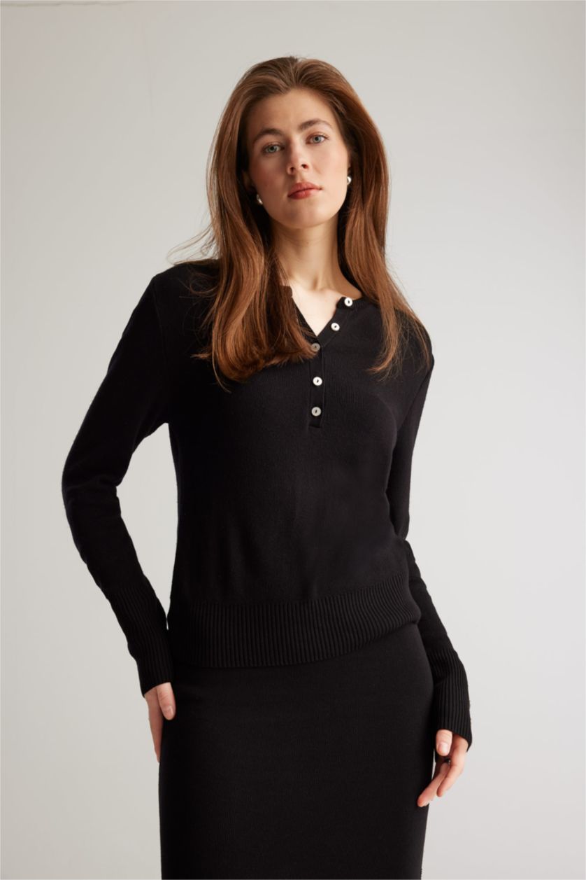 WOMAN Black Regular Fit Polo Collar Basic Knitwear Pullover