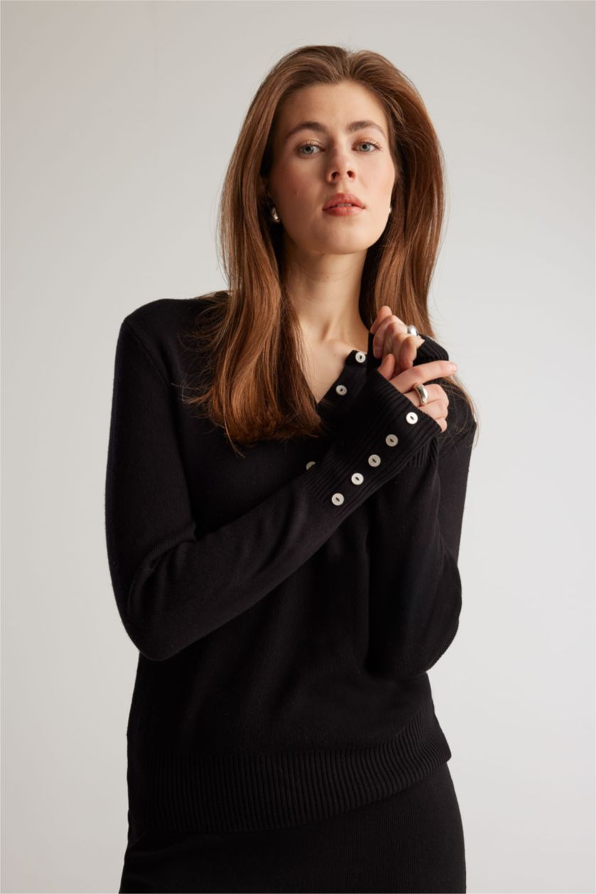 WOMAN Black Regular Fit Polo Collar Basic Knitwear Pullover