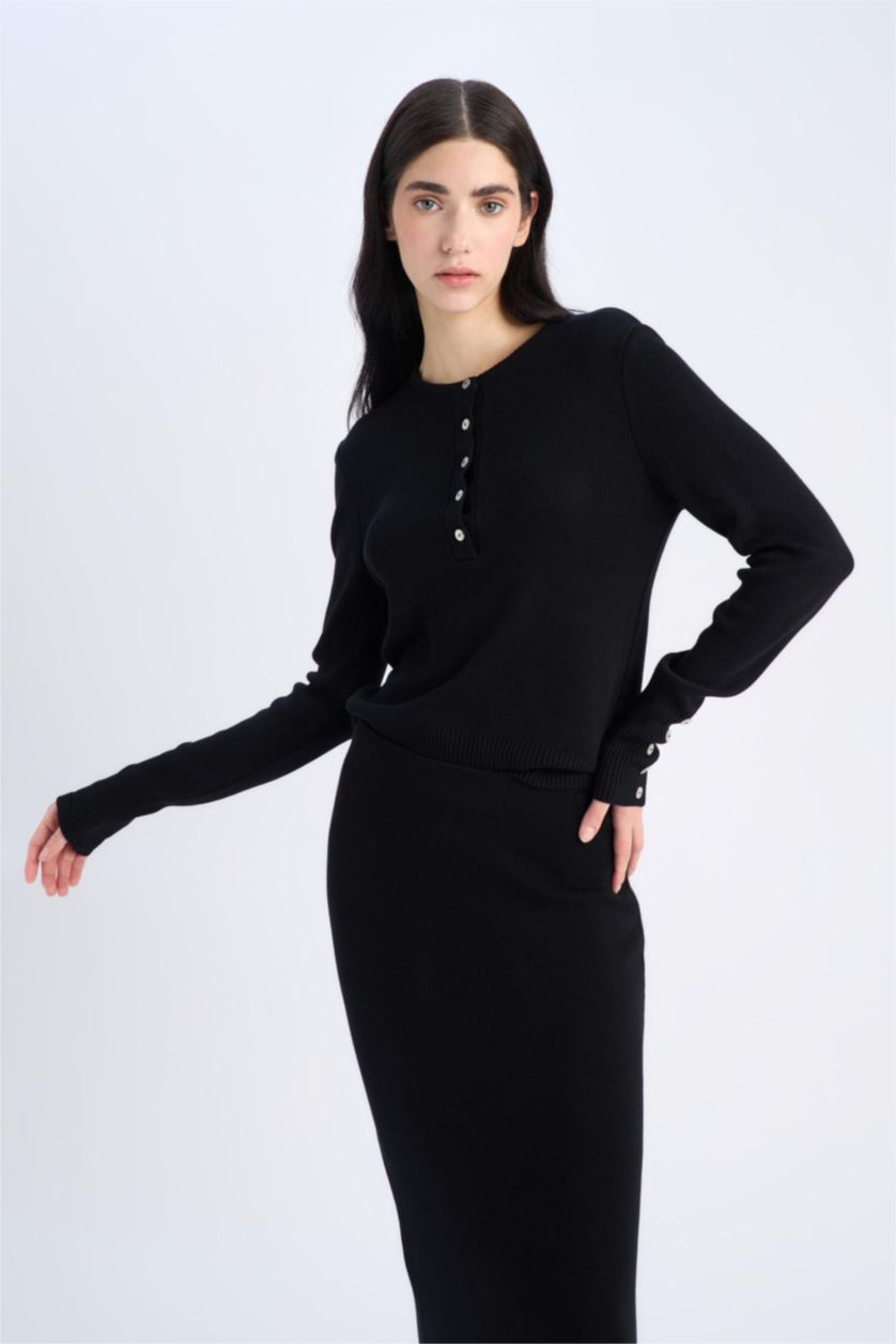 WOMAN Black Regular Fit Polo Collar Basic Knitwear Pullover