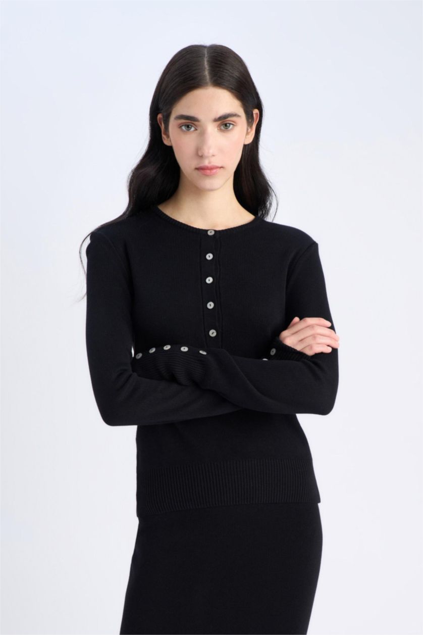 WOMAN Black Regular Fit Polo Collar Basic Knitwear Pullover