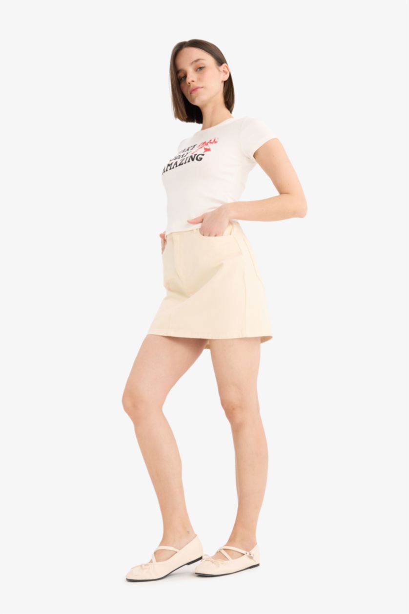 Kadın Açık Taş %100 Pamuk Normal Bel Gabardin Mini Etek