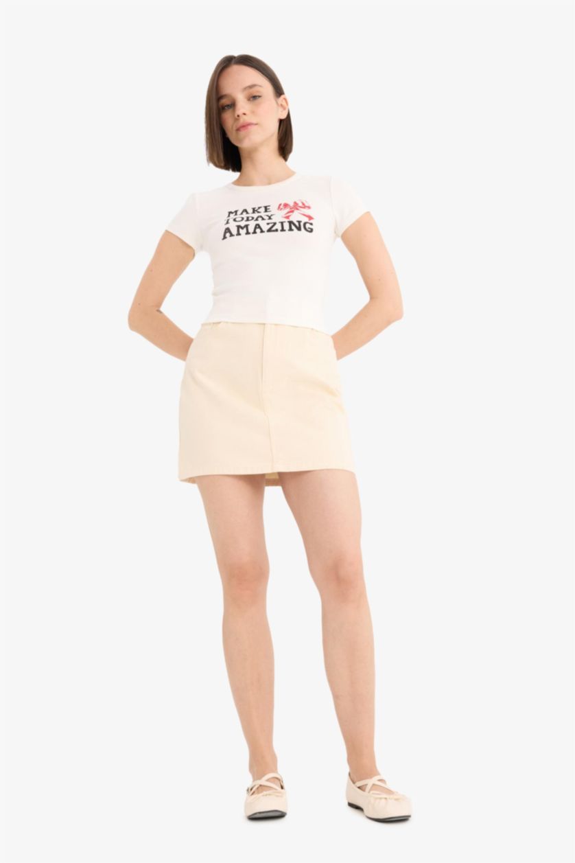 Kadın Açık Taş %100 Pamuk Normal Bel Gabardin Mini Etek