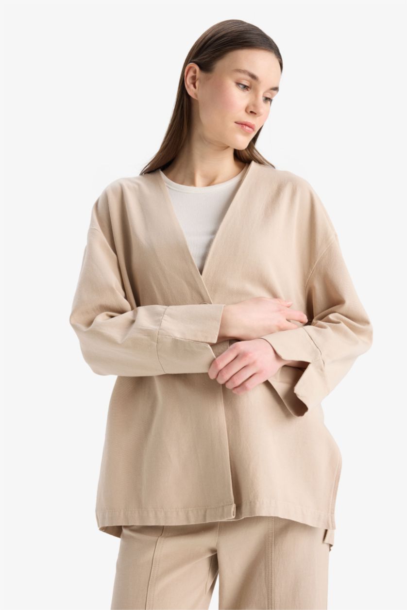 Kadın Bej Relax Fit Basic Düz Düğmeli Keten Görünümlü Uzun Kollu Tesettür Hırka Tunik