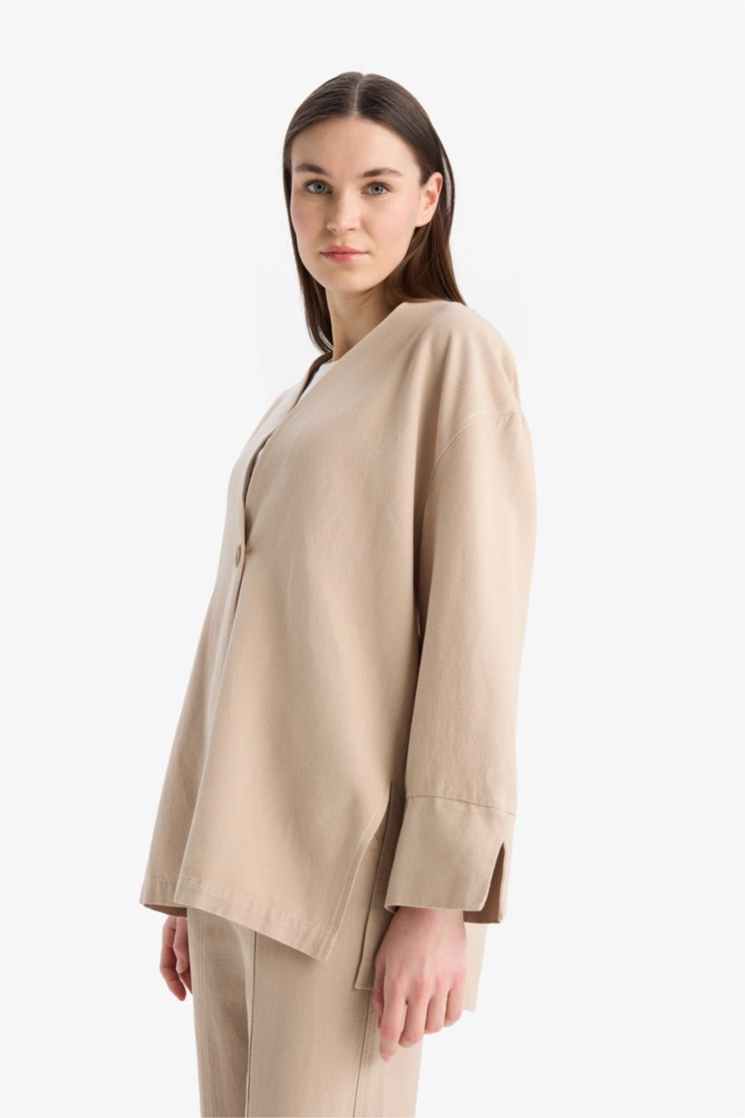 Kadın Bej Relax Fit Basic Düz Düğmeli Keten Görünümlü Uzun Kollu Tesettür Hırka Tunik