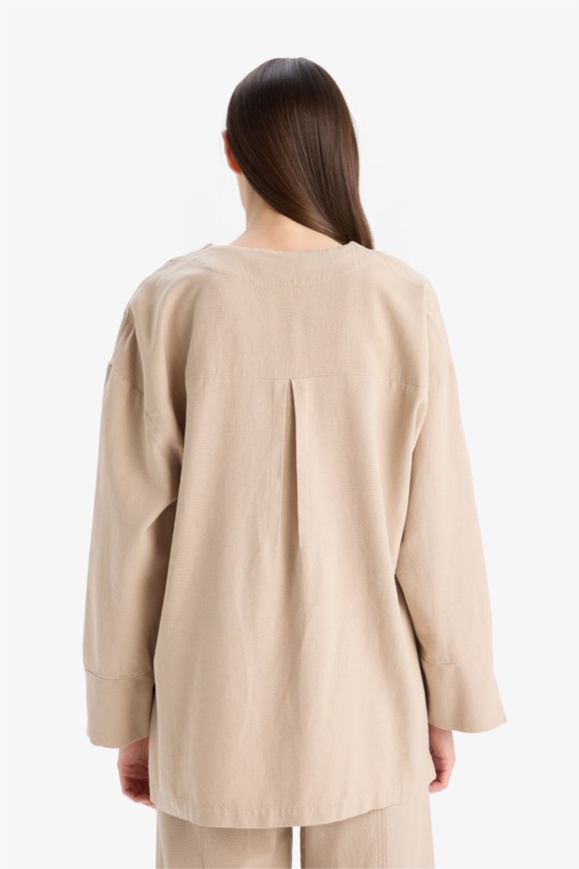 Kadın Bej Relax Fit Basic Düz Düğmeli Keten Görünümlü Uzun Kollu Tesettür Hırka Tunik