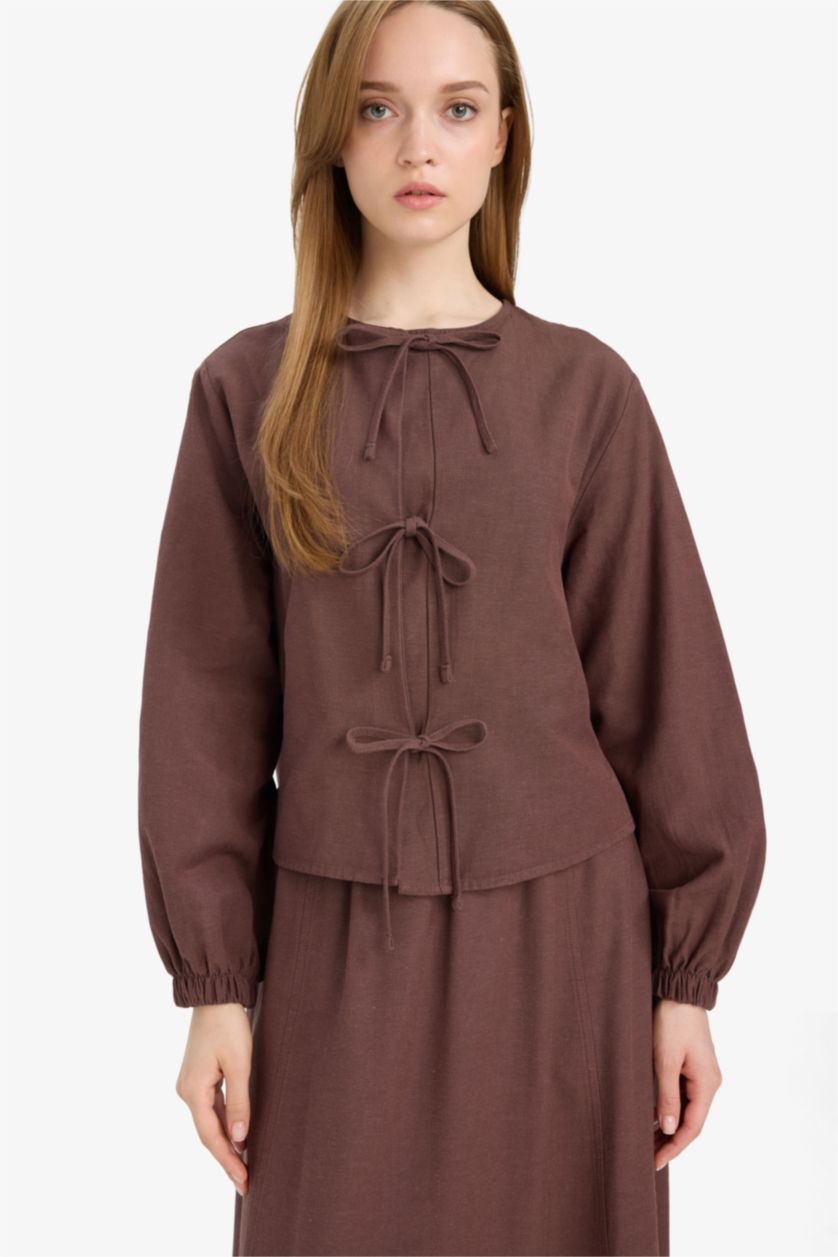 Kadın Kahve Relax Fit Önden Bağlamalı Keten Uzun Kollu Tesettür Bluz