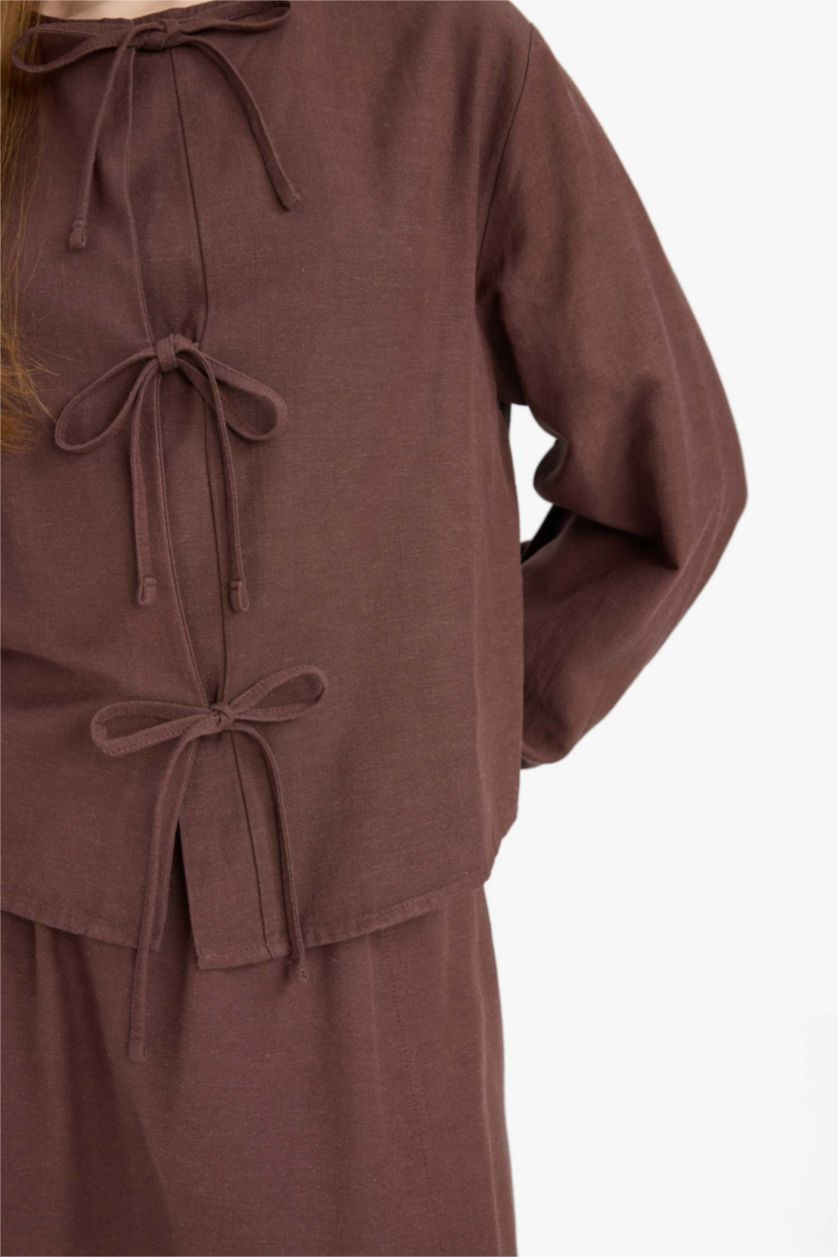 Kadın Kahve Relax Fit Önden Bağlamalı Keten Uzun Kollu Tesettür Bluz