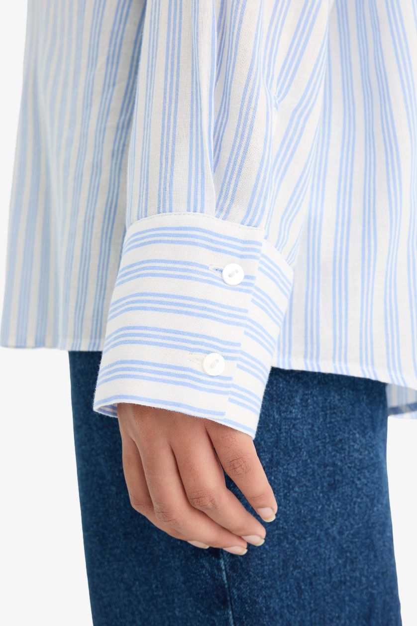 Kadın Mavi Oversize Geniş Kalıp Çizgili Vual Uzun Kollu Gömlek