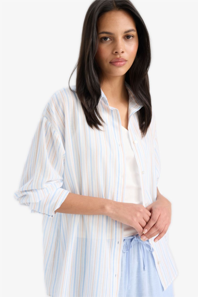 WOMAN Blue Oversize Fit Shirt Collar Voile Striped Shirt