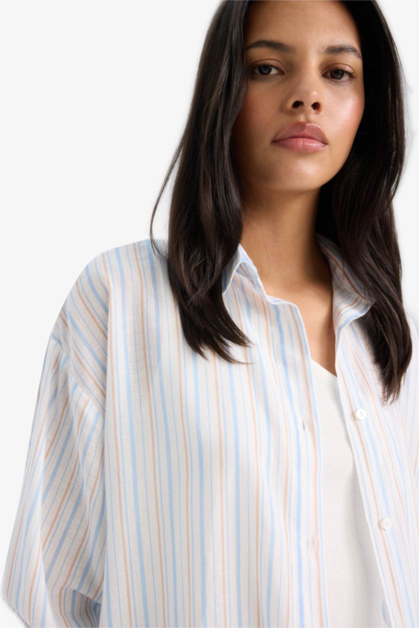 WOMAN Blue Oversize Fit Shirt Collar Voile Striped Shirt