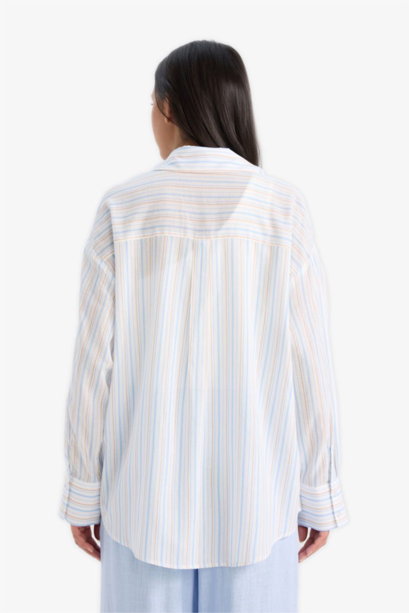WOMAN Blue Oversize Fit Shirt Collar Voile Striped Shirt