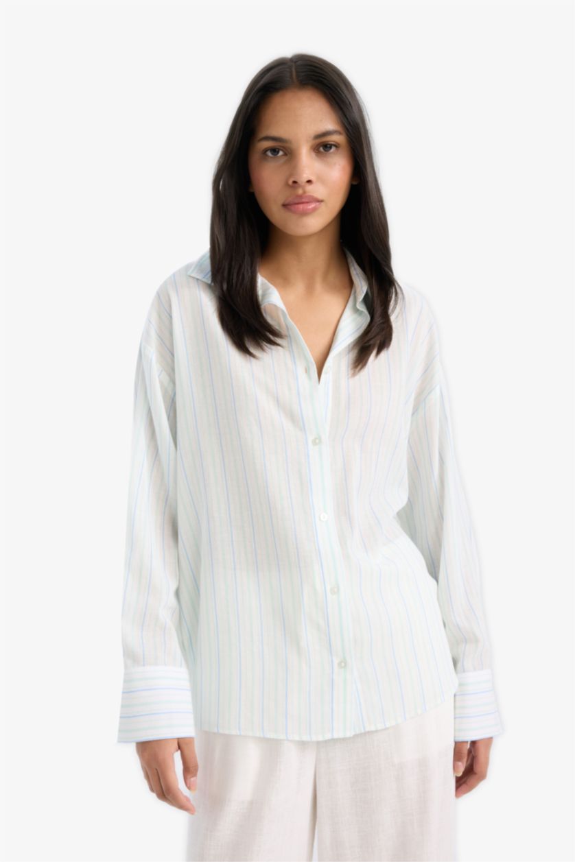 Woman Mint Oversize Fit Shirt Collar Voile Striped Shirt