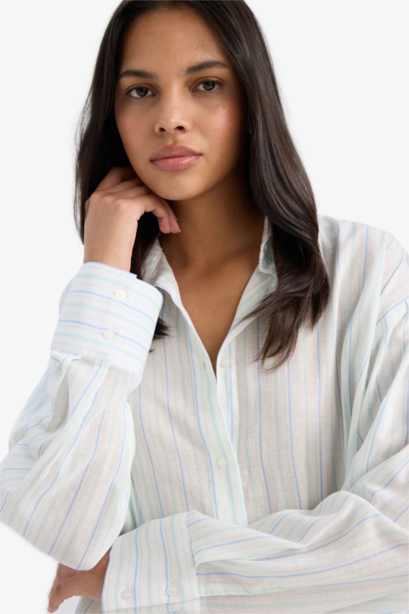 Woman Mint Oversize Fit Shirt Collar Voile Striped Shirt
