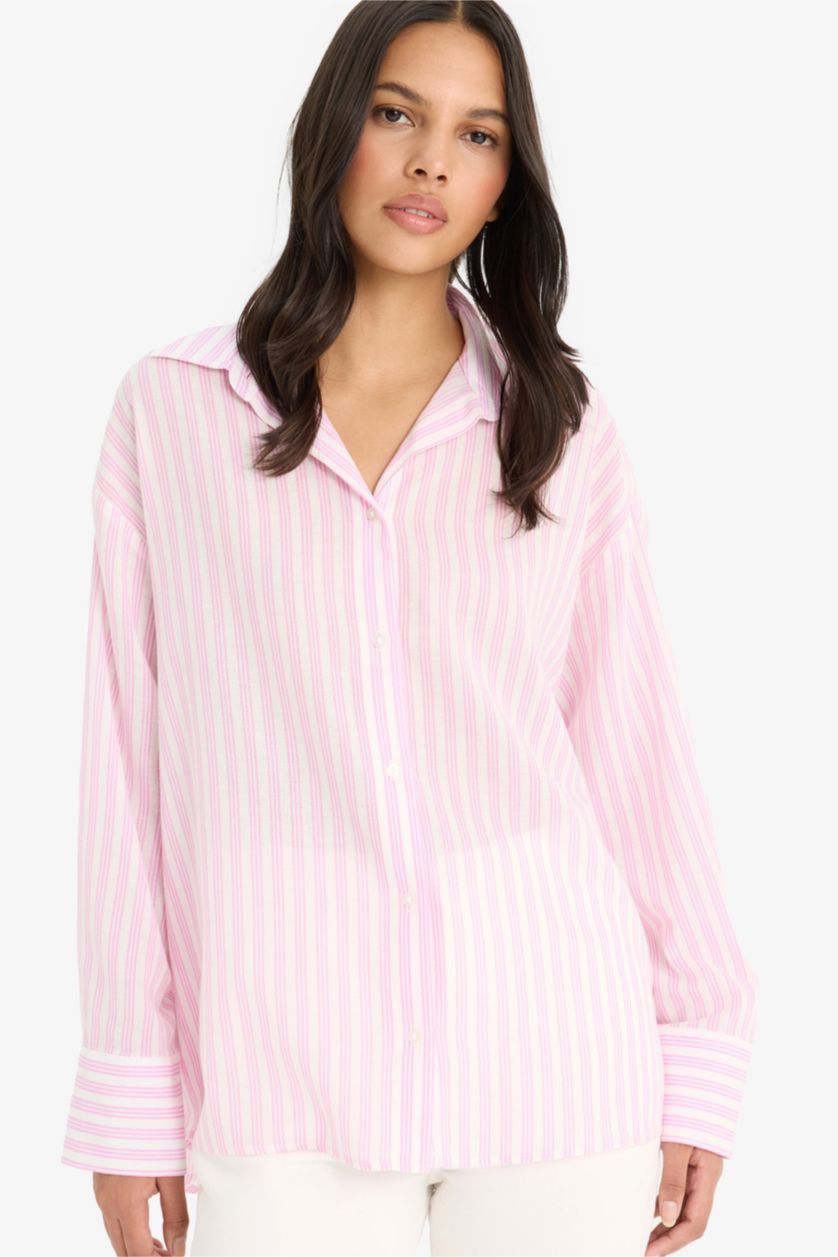 WOMAN Pink Oversize Fit Shirt Collar Voile Striped Long Sleeve Shirt