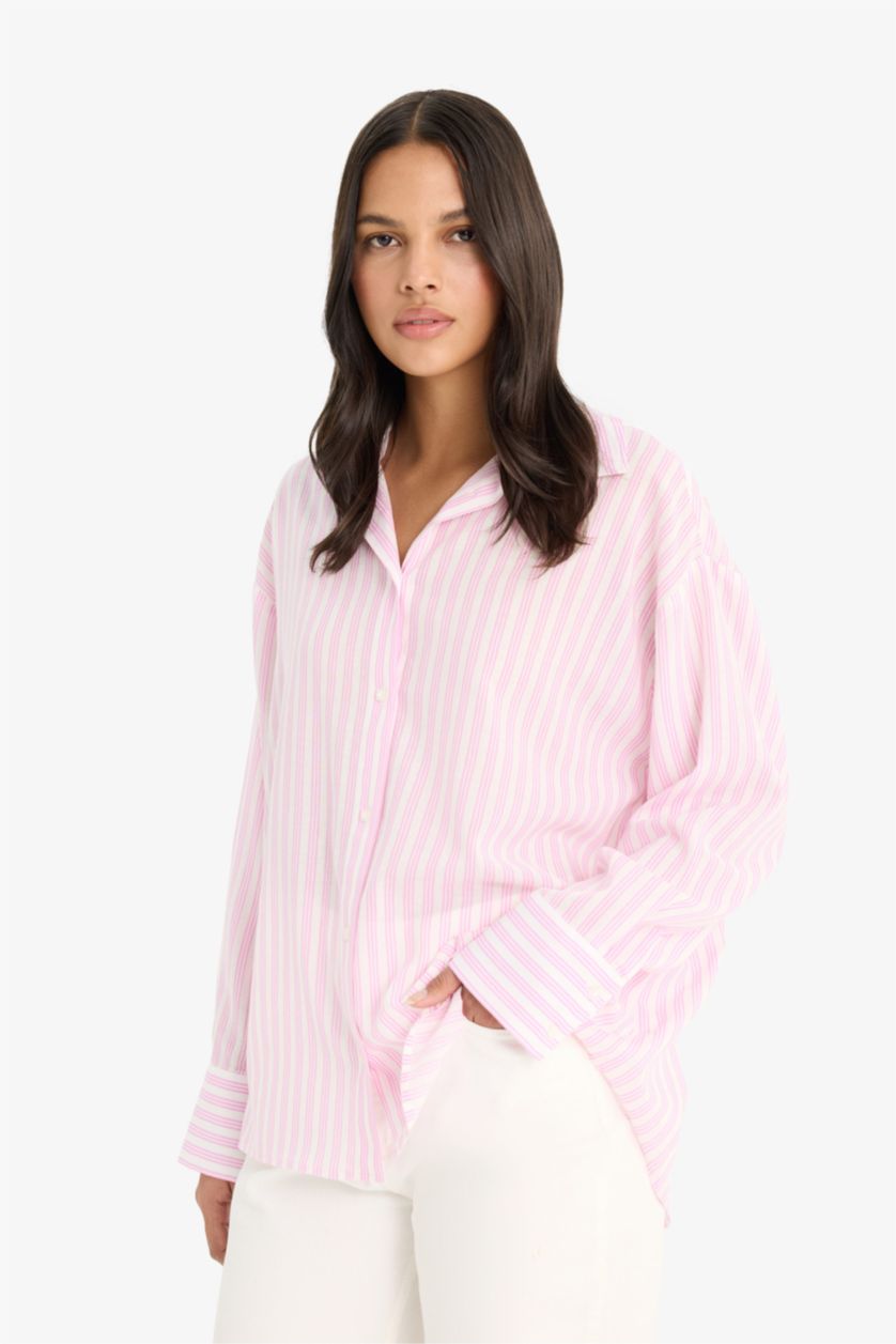 WOMAN Pink Oversize Fit Shirt Collar Voile Striped Long Sleeve Shirt