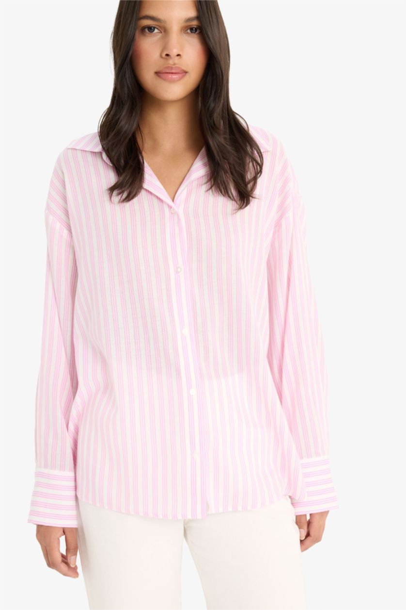 WOMAN Pink Oversize Fit Shirt Collar Voile Striped Long Sleeve Shirt