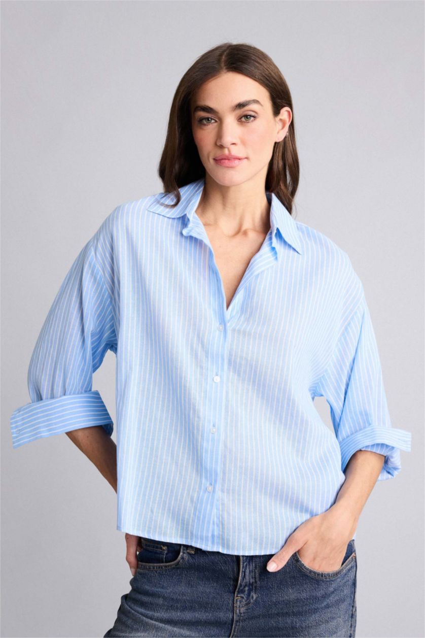 Женщины Голубрй Рубашка оверсайз из вуали в полоску с рубашечным воротником и длинным рукавом