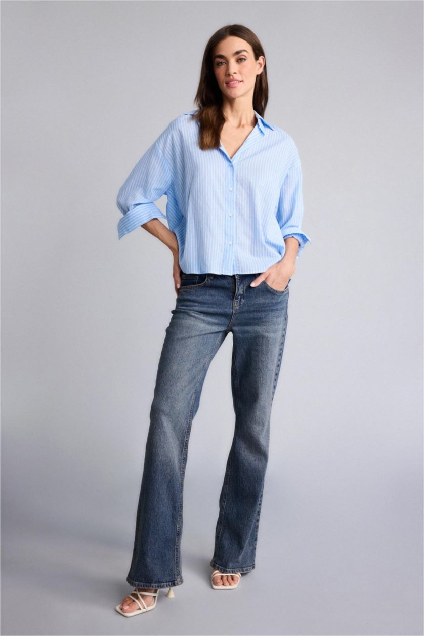 Женщины Голубрй Рубашка оверсайз из вуали в полоску с рубашечным воротником и длинным рукавом