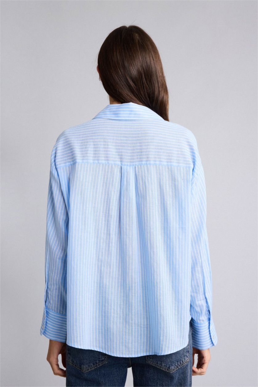 Женщины Голубрй Рубашка оверсайз из вуали в полоску с рубашечным воротником и длинным рукавом