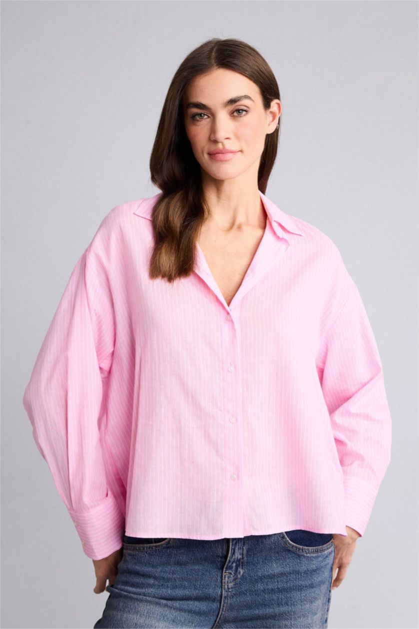 Женщины Розовый Рубашка оверсайз из вуали в полоску с рубашечным воротником и длинным рукавом