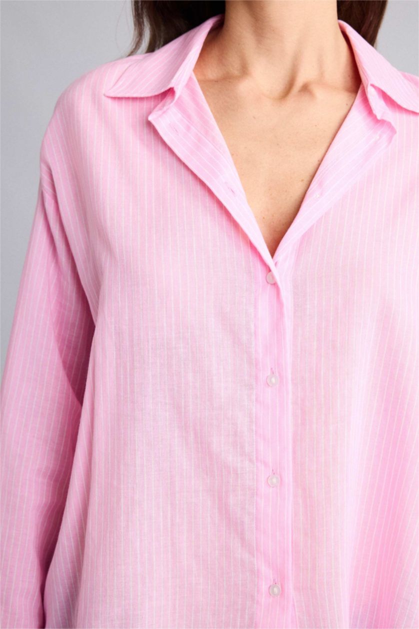 Женщины Розовый Рубашка оверсайз из вуали в полоску с рубашечным воротником и длинным рукавом