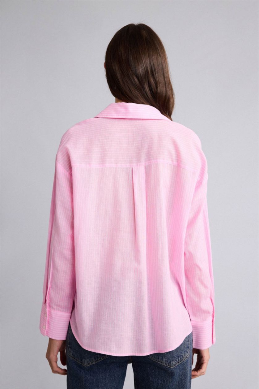 Женщины Розовый Рубашка оверсайз из вуали в полоску с рубашечным воротником и длинным рукавом