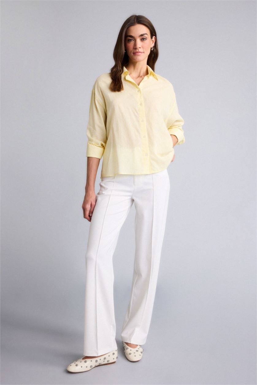 Женщины Желтый Рубашка оверсайз из вуали в полоску с рубашечным воротником и длинным рукавом