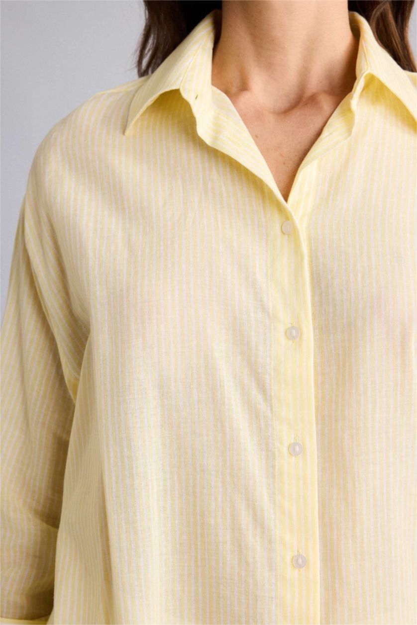 Женщины Желтый Рубашка оверсайз из вуали в полоску с рубашечным воротником и длинным рукавом