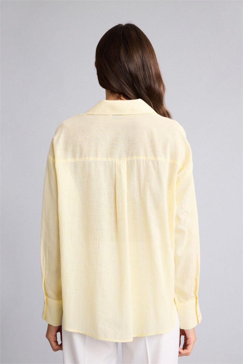 Женщины Желтый Рубашка оверсайз из вуали в полоску с рубашечным воротником и длинным рукавом