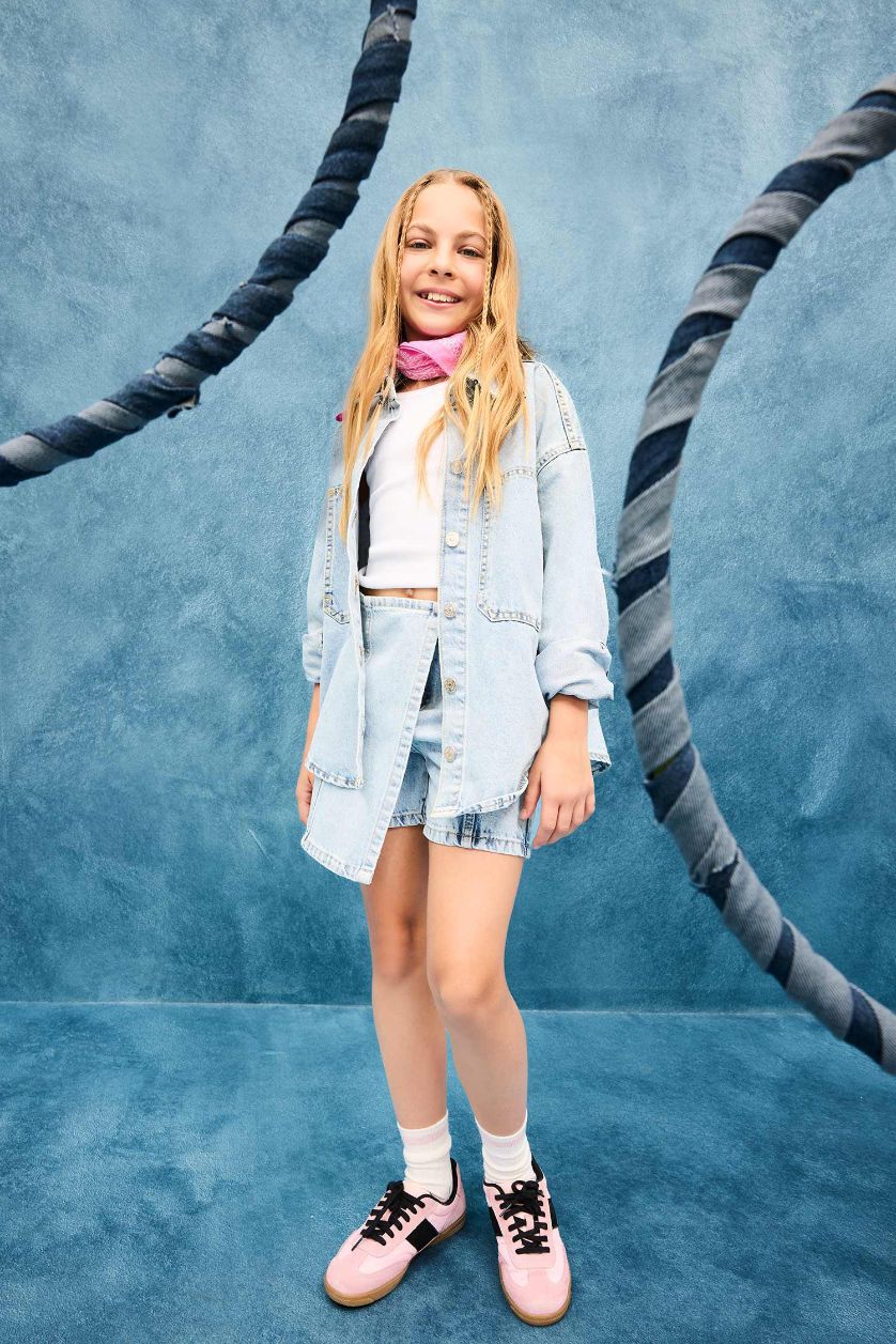 بنات أزرق فاتح تنورة شورت جينز قطن بناتي