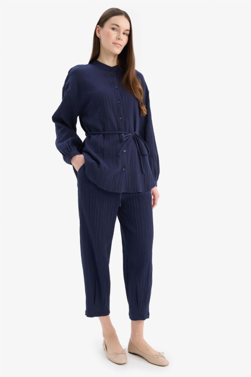 WOMAN NAVY Basic Pocketed Muslin Harem Trousers