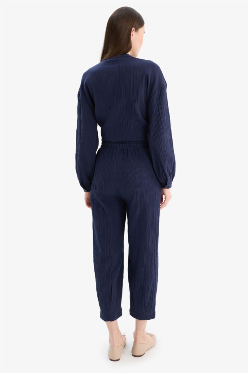 WOMAN NAVY Basic Pocketed Muslin Harem Trousers