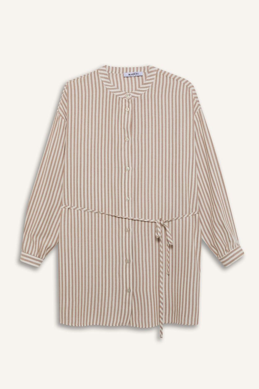 Kadın Açık Kahve Relax Fit Çizgili Uzun Kollu Bağcıklı Gömlek Tunik