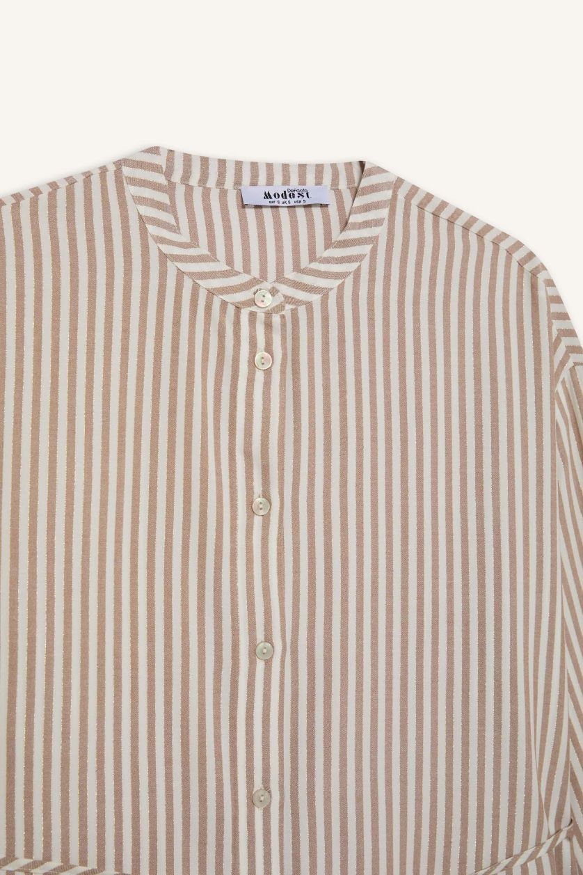 Kadın Açık Kahve Relax Fit Çizgili Uzun Kollu Bağcıklı Gömlek Tunik