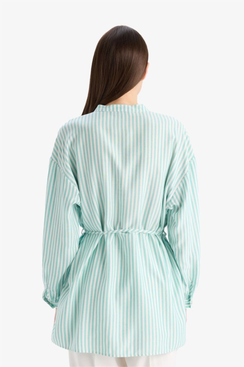 Kadın Açık Yeşil Relax Fit Çizgili Uzun Kollu Bağcıklı Tesettür Gömlek Tunik