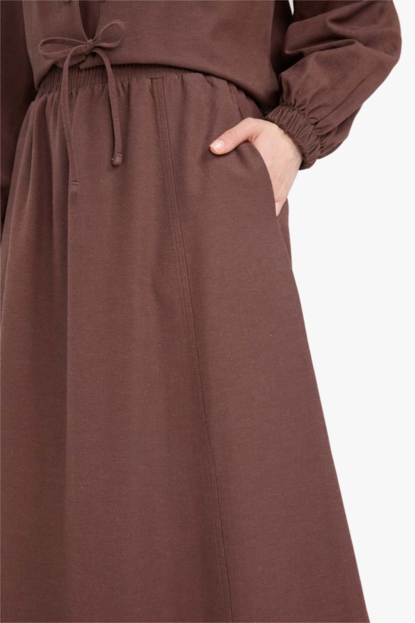 Kadın Kahve A Kesim Keten Karışımlı Maxi Tesettür Etek