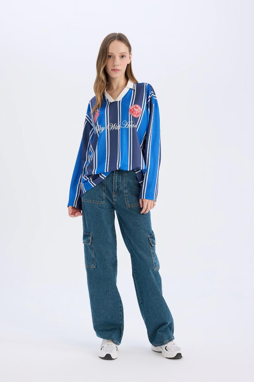 Kadın Lacivert Oversize Geniş Kalıp Polo Yaka Baskılı Forma Kumaşı Uzun Kollu Tişört