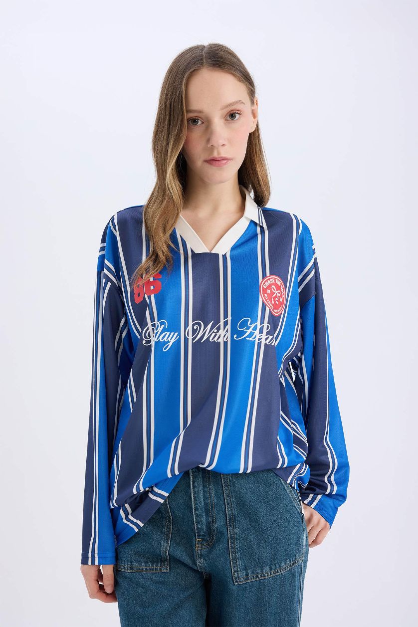 Kadın Lacivert Oversize Geniş Kalıp Polo Yaka Baskılı Forma Kumaşı Uzun Kollu Tişört