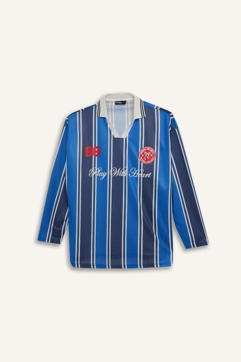 Kadın Lacivert Oversize Geniş Kalıp Polo Yaka Baskılı Forma Kumaşı Uzun Kollu Tişört