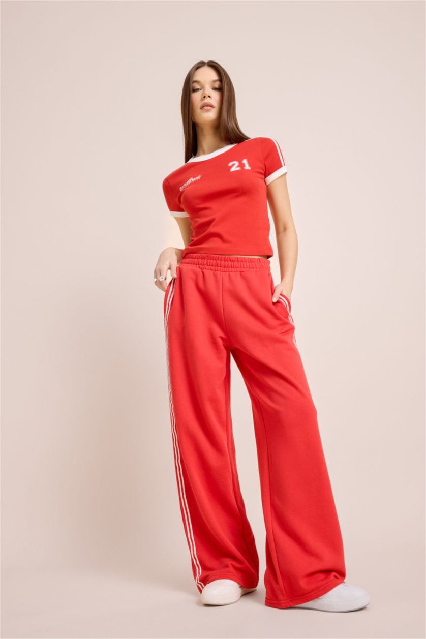 WOMAN Red Wide Leg Thick Sweatshirt Fabric Trousers