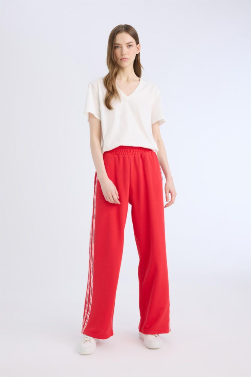 WOMAN Red Wide Leg Thick Sweatshirt Fabric Trousers