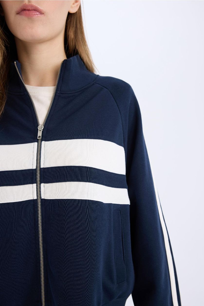 Kadın Lacivert Fitted Dik Yaka Cepli Kalın Fermuarlı Sweatshirt