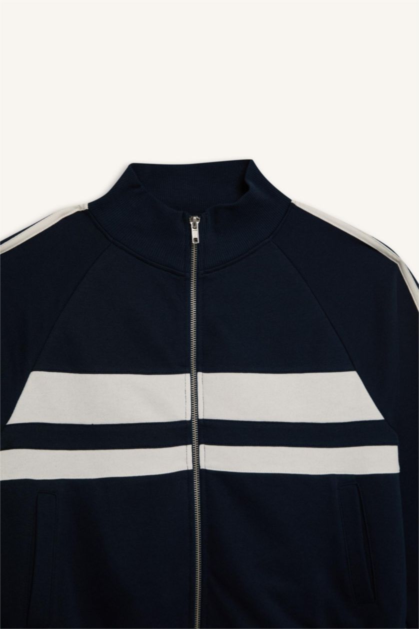 Kadın Lacivert Fitted Dik Yaka Cepli Kalın Fermuarlı Sweatshirt