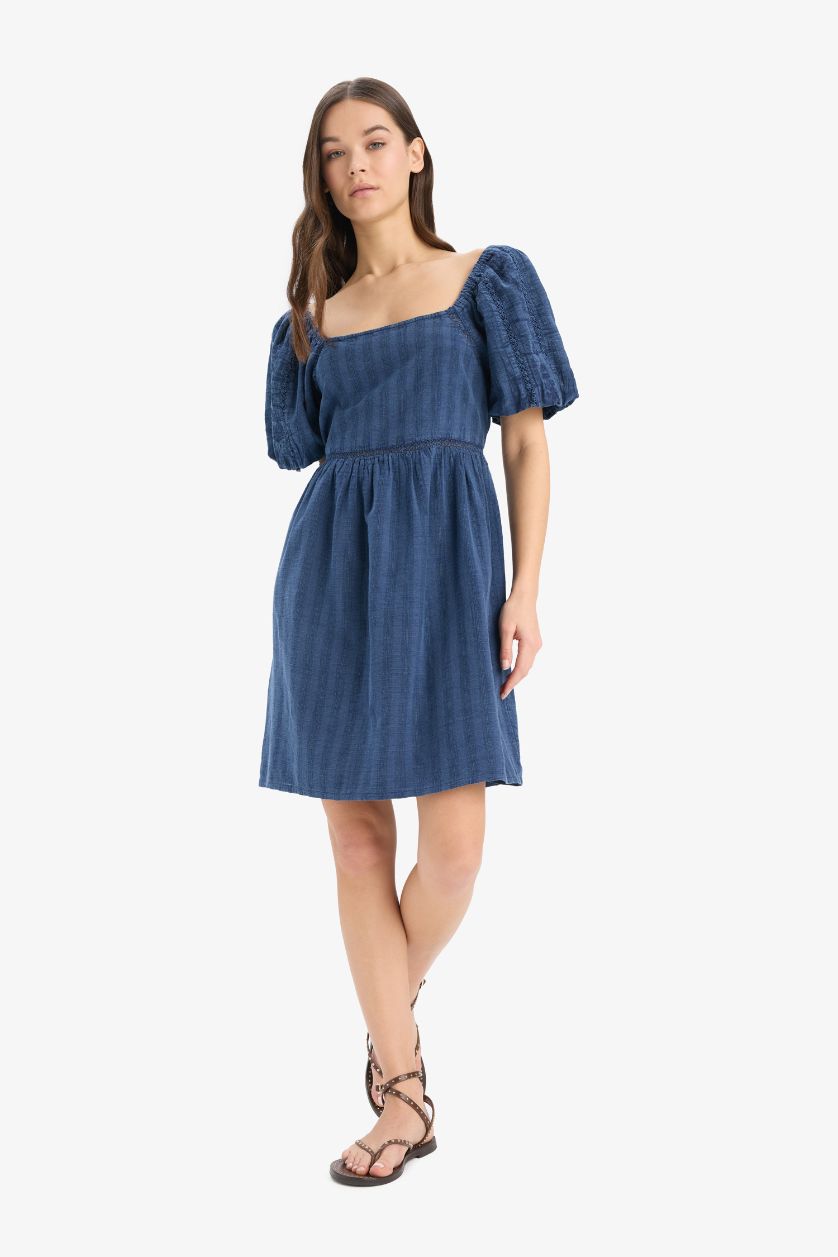 Kadın Lacivert U Yaka Pamuklu Kısa Kollu Mini Yazlık Elbise