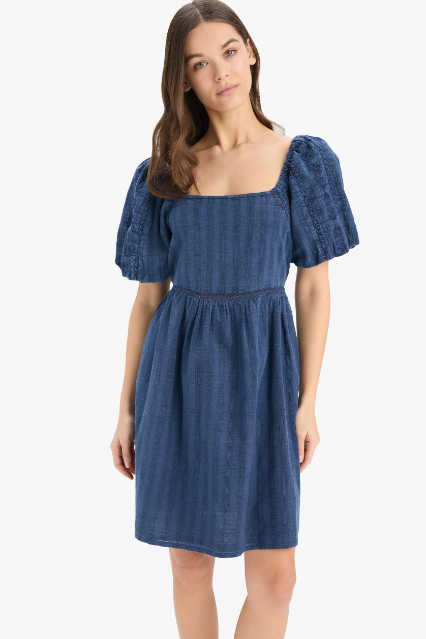 Kadın Lacivert U Yaka Pamuklu Kısa Kollu Mini Yazlık Elbise