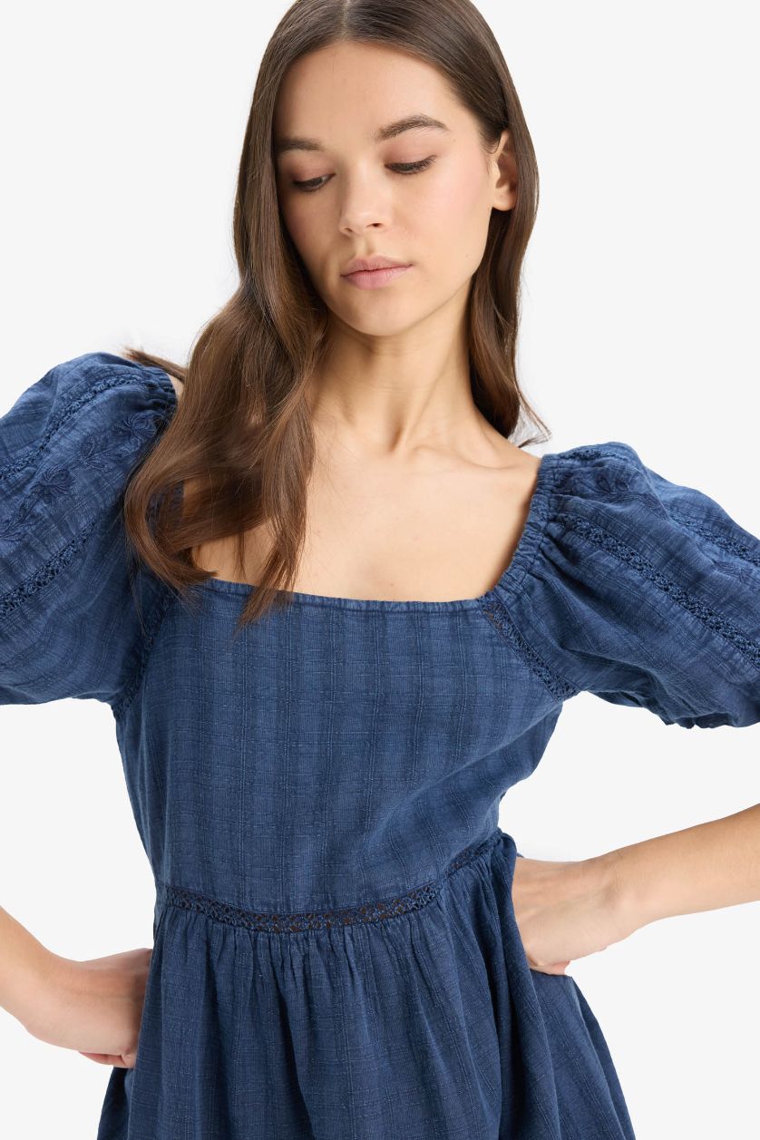 Kadın Lacivert U Yaka Pamuklu Kısa Kollu Mini Yazlık Elbise