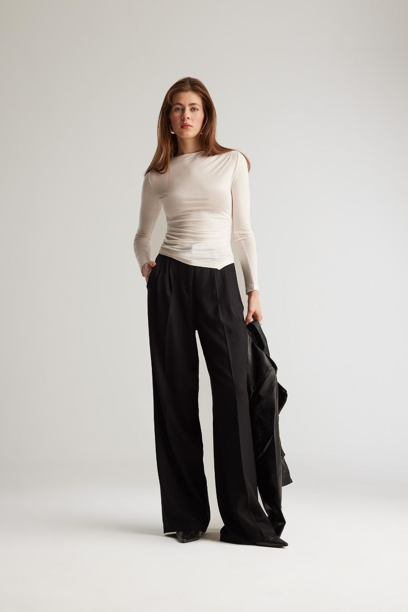 FEMME Noir Pantalon large taille haute avec fermeture zip et poches