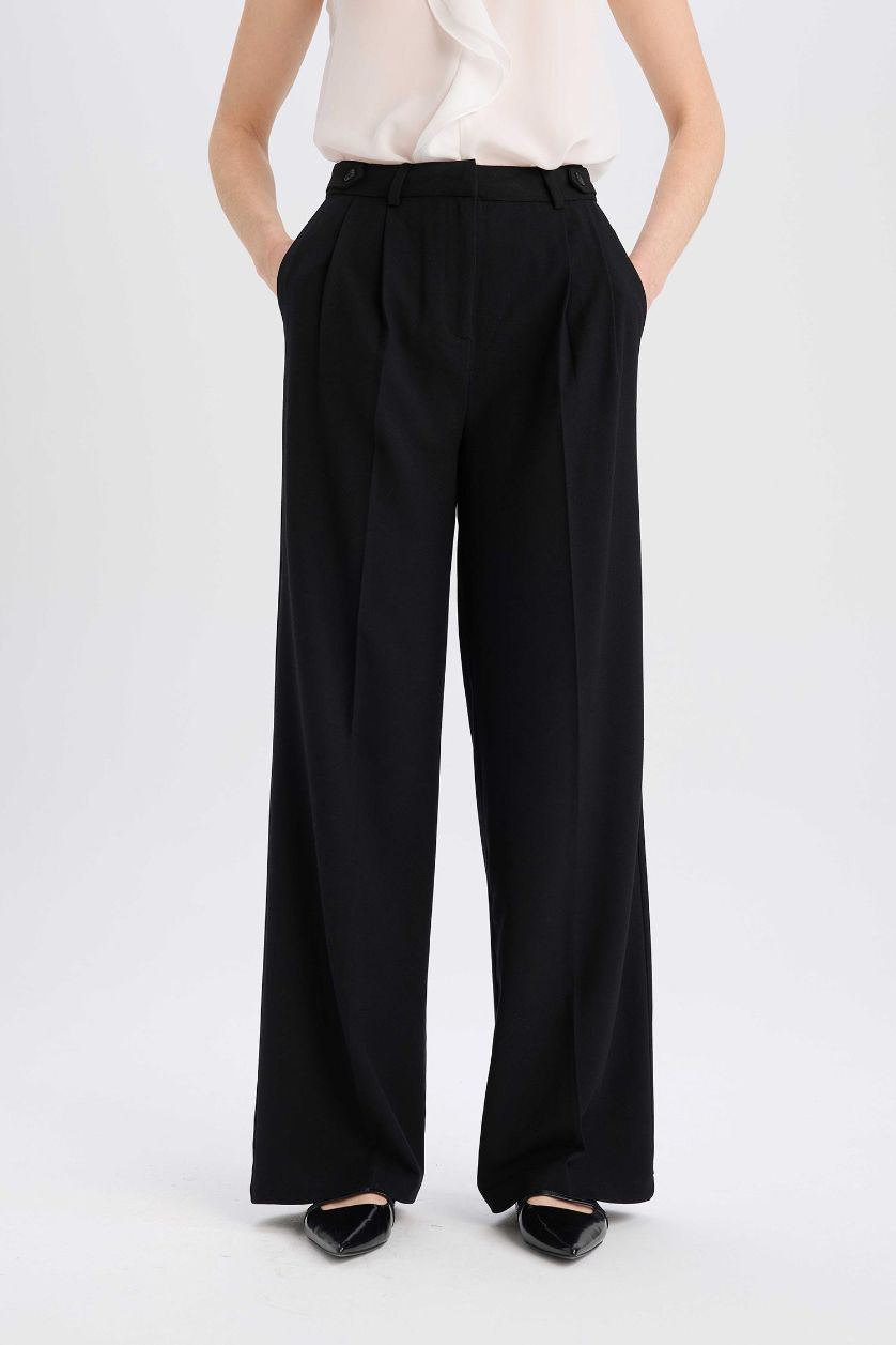 FEMME Noir Pantalon large taille haute avec fermeture zip et poches