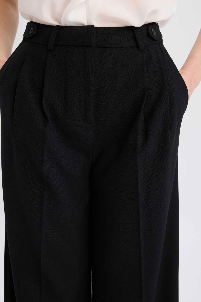 FEMME Noir Pantalon large taille haute avec fermeture zip et poches